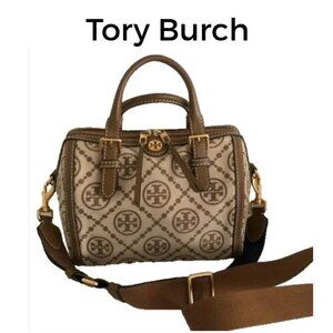 Tory Burch Iconic T Monogram Barrel Jacquard Bag In Hazelnut Leather top handle